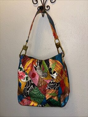 Braciano Vintage Croc Artsy Patchwork Purse Shoulder Handbag Gold Accents Large